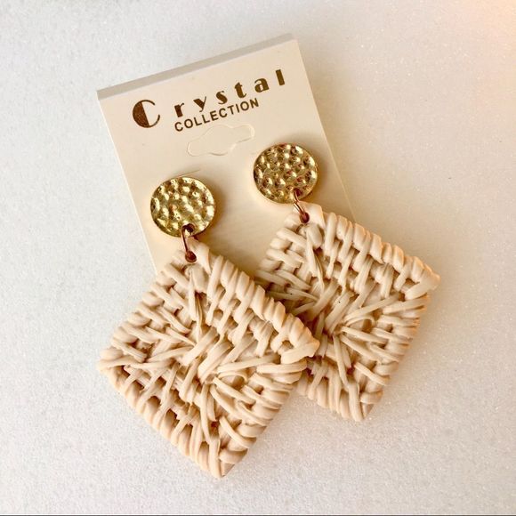 NWT Boho Woven Look Square Drop Statement Earrings - Picture 2 of 5